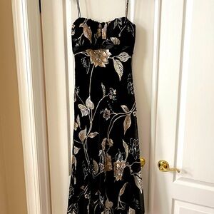 Black and gold floral cocktail dress